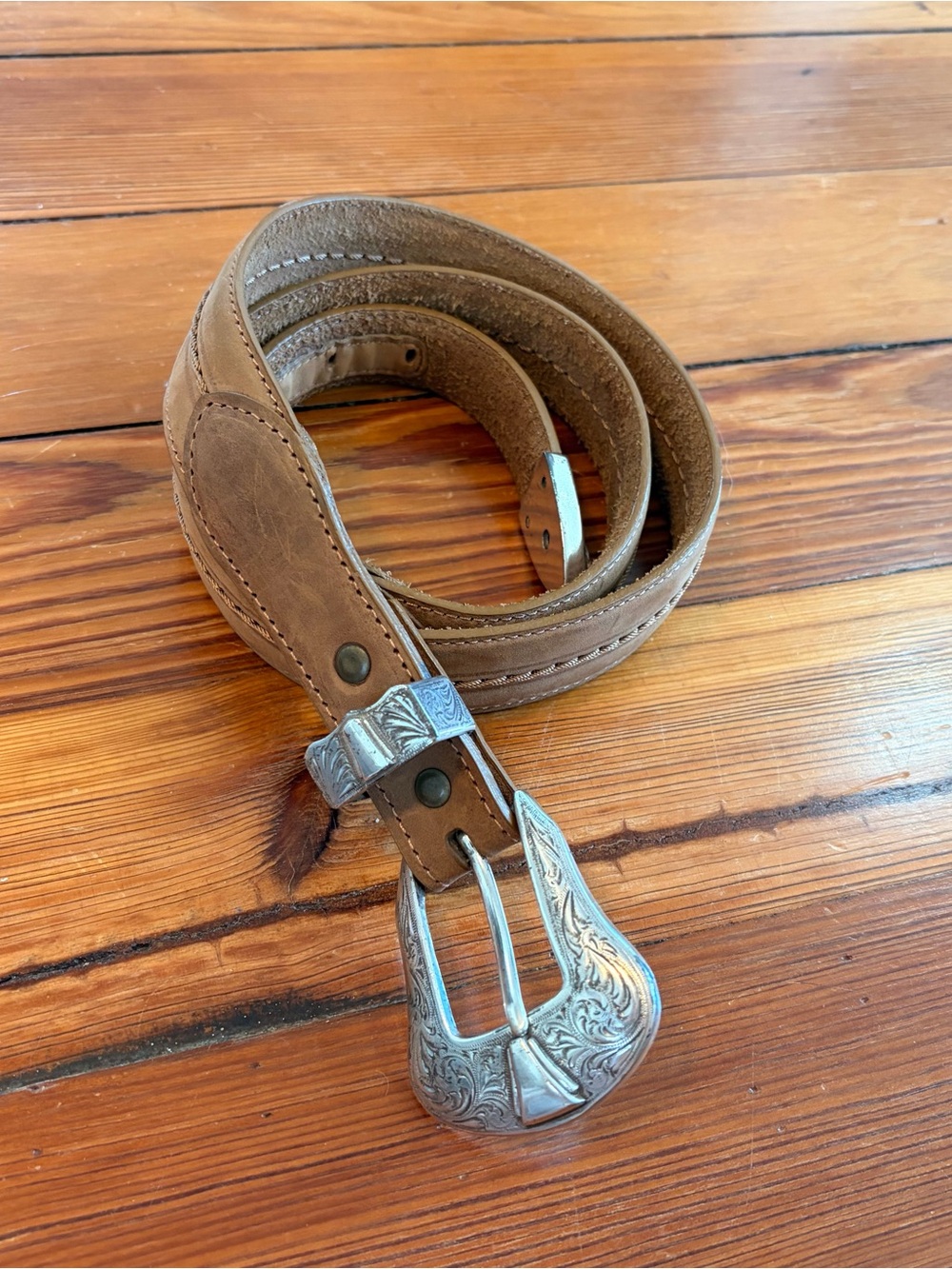 Brown Leather Western Belt with Silver Engraved Buckle Size 36